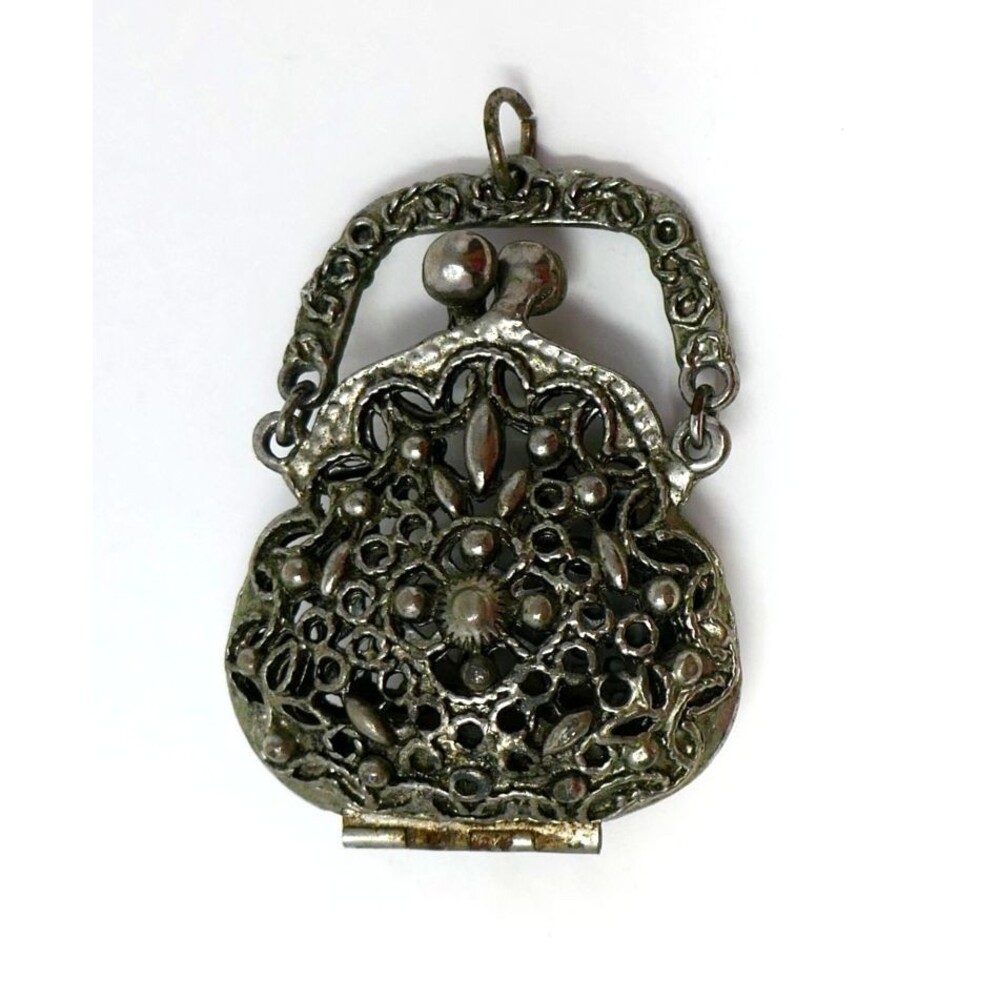 Vintage 1960s Art Deco Style Silver Tone Filigree Miniature Purse Locket Pendant